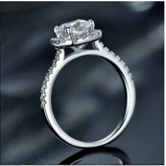 Halo Simulated Diamond Engagement Ring Round Cut Silver‎ Tone - Picture 2 of 11